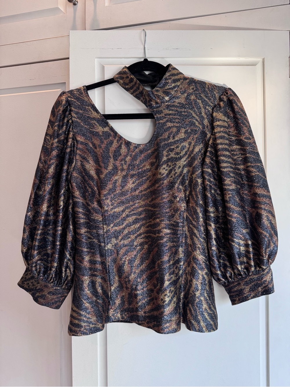 Ganni Metallic Animal-Print Puff Sleeve Top in Bronze and Black